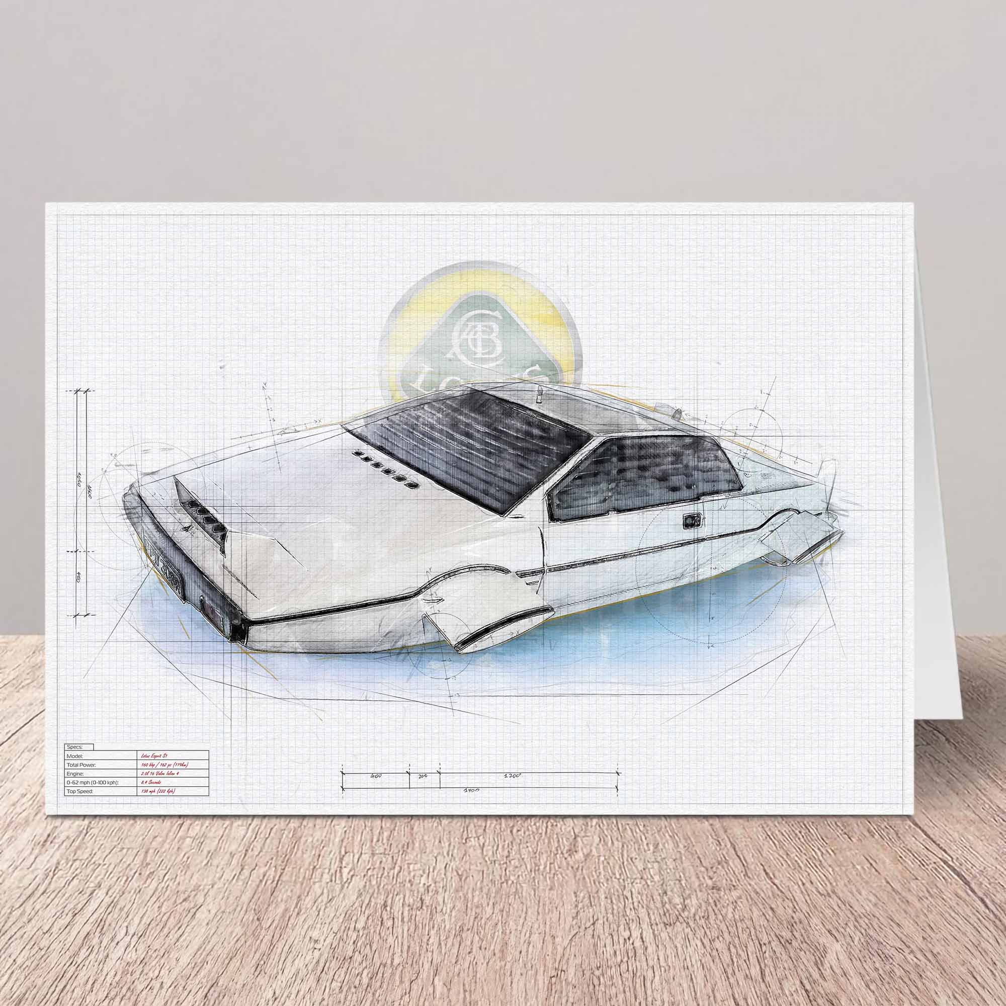 Greeting card of a James Bonds Lotus Esprit S1 car on a white background