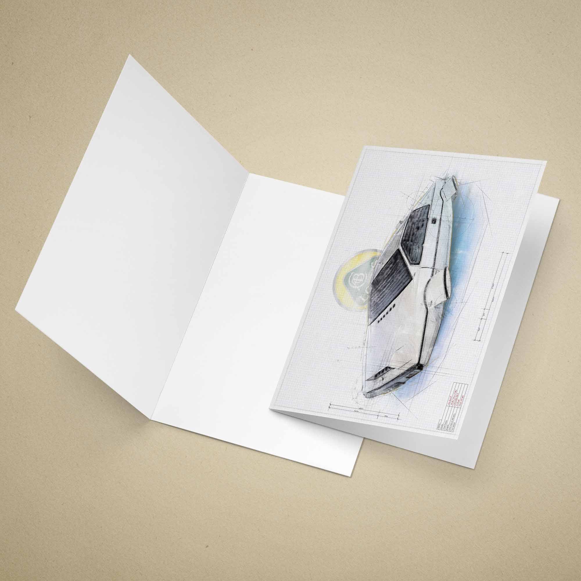 Greeting card of a James Bonds Lotus Esprit S1 car on a beige background