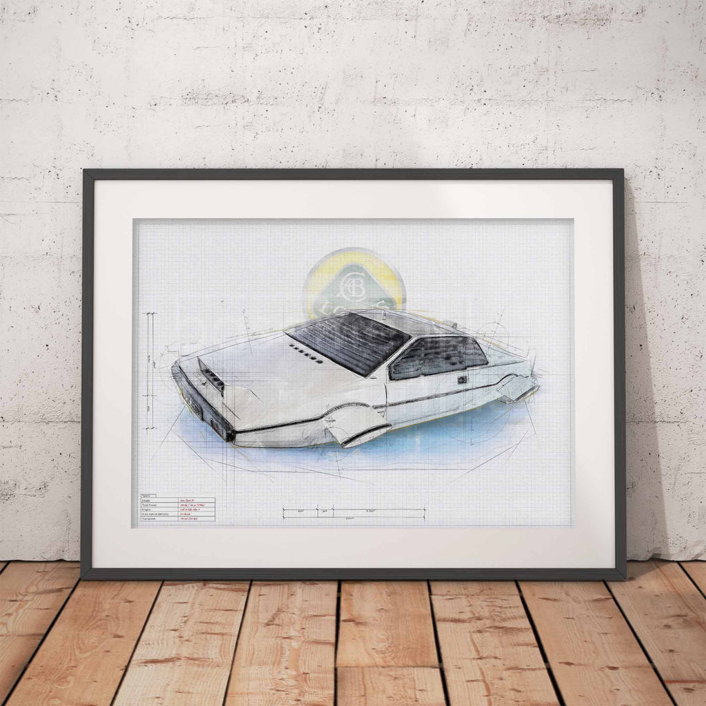 Framed blueprint-style illustration of James Bonds Lotus Esprit S1 car on a wooden floor with a white brick wall background