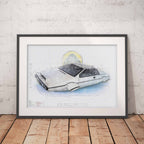 Framed blueprint-style illustration of James Bonds Lotus Esprit S1 car on a wooden floor with a white brick wall background