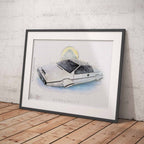 Framed drawing of a Lotus Esprit S1 car on a wooden floor with a white brick wall background