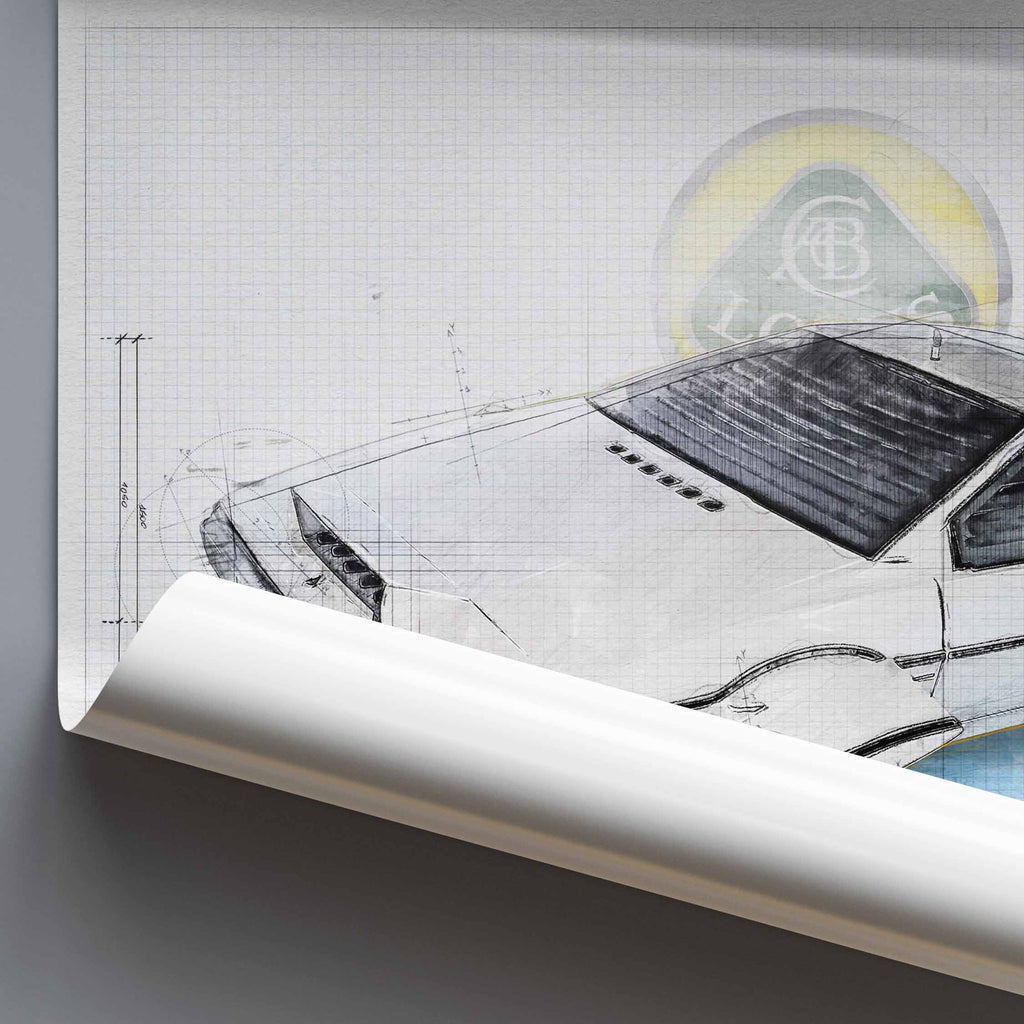 Rolled poster of artwork of James Bonds Lotus Esprit S1 car on a light background