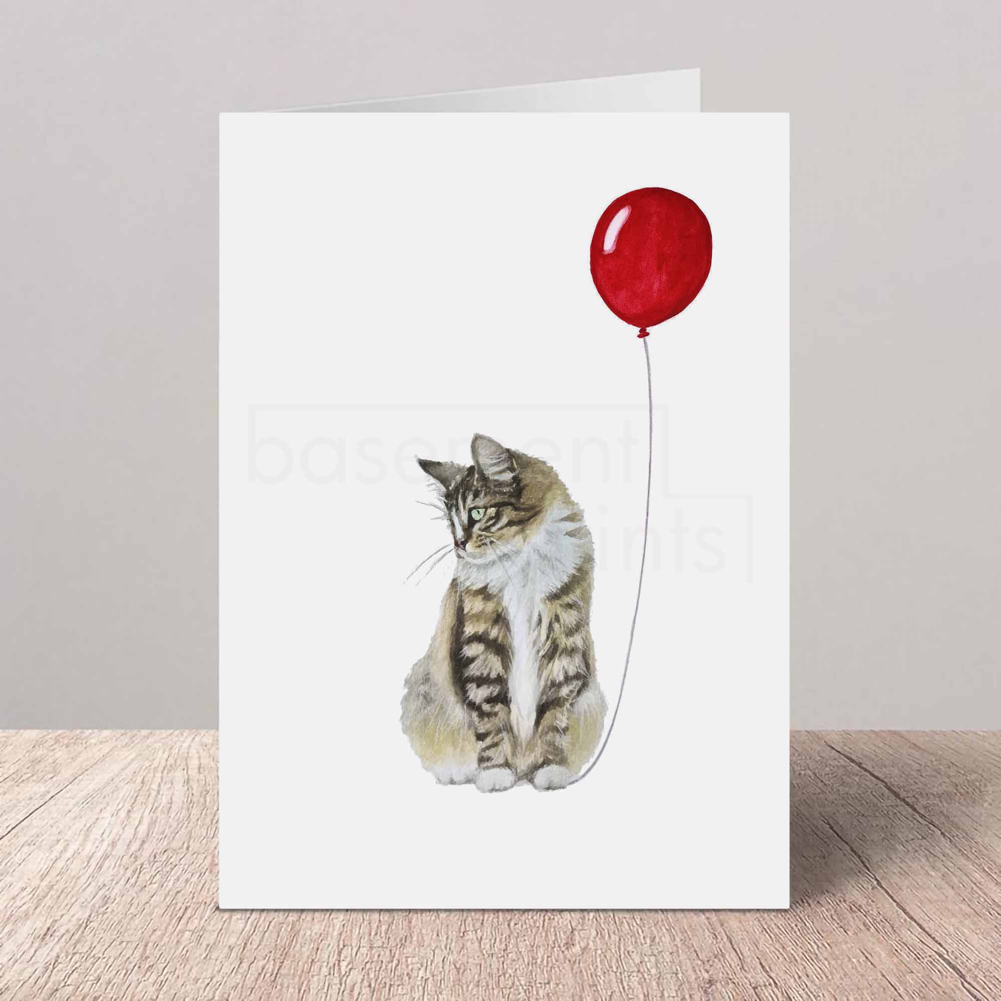 Greeting card with a Maine Coon cat and a balloon illustration on a white background