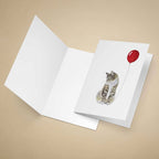 Greeting card with a Maine Coon cat and a balloon illustration on a beige background