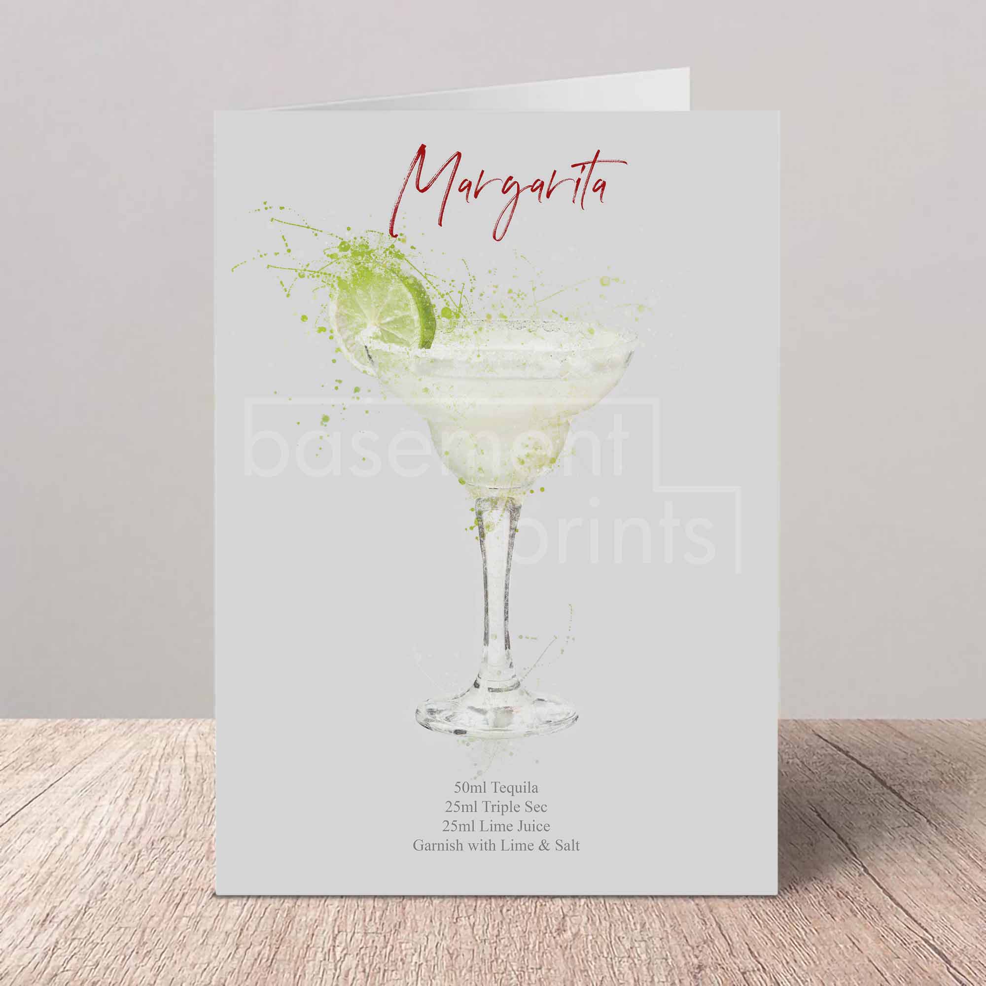 Card with a margarita illustration and recipe on a light gray background