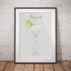 Framed artwork of a Margarita with a lime wedge on a white background, leaning against a brick wall.