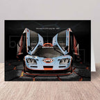 Greeting card of a McLaren F1 GTR Gulf racing car on a white background.