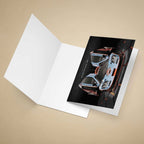Greeting card of a McLaren F1 GTR Gulf racing car on a beige background.