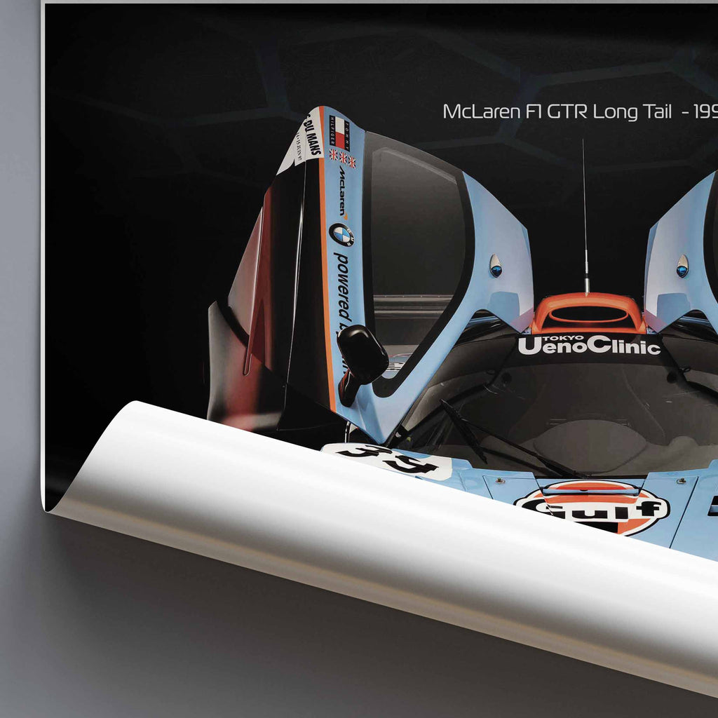 Poster of a McLaren F1 GTR Gulf racing car on a grey background.