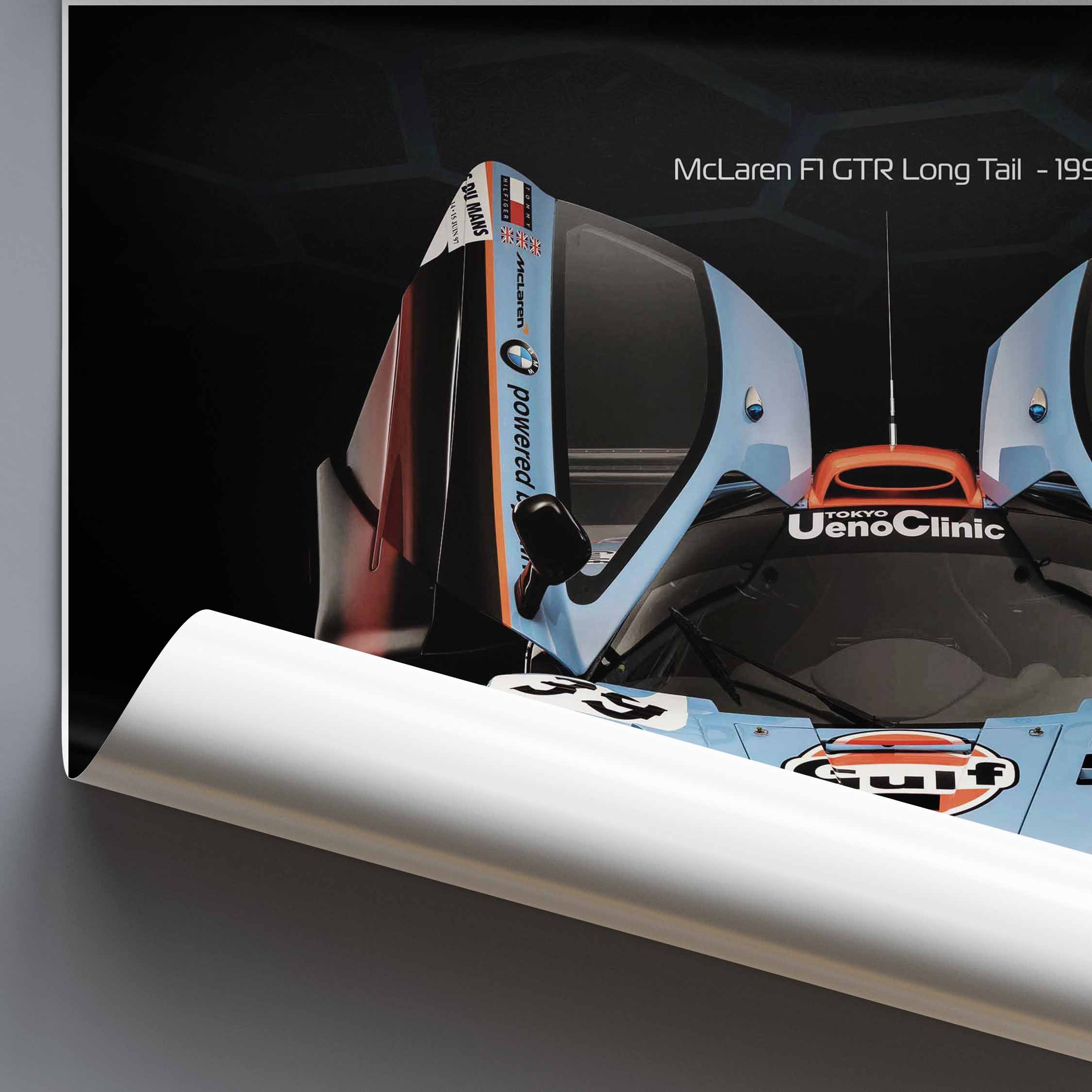 Poster of a McLaren F1 GTR Gulf racing car on a grey background.