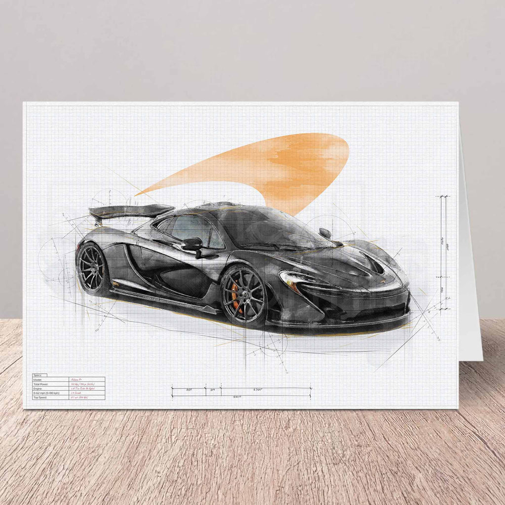 Greeting card of a McLaren P1 car design blueprint illustration on a wooden surface.