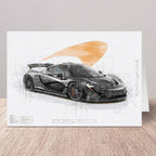 Greeting card of a McLaren P1 car design blueprint illustration on a wooden surface.