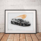 Framed poster of a McLaren P1 supercar design blueprint illustration on a white wall.