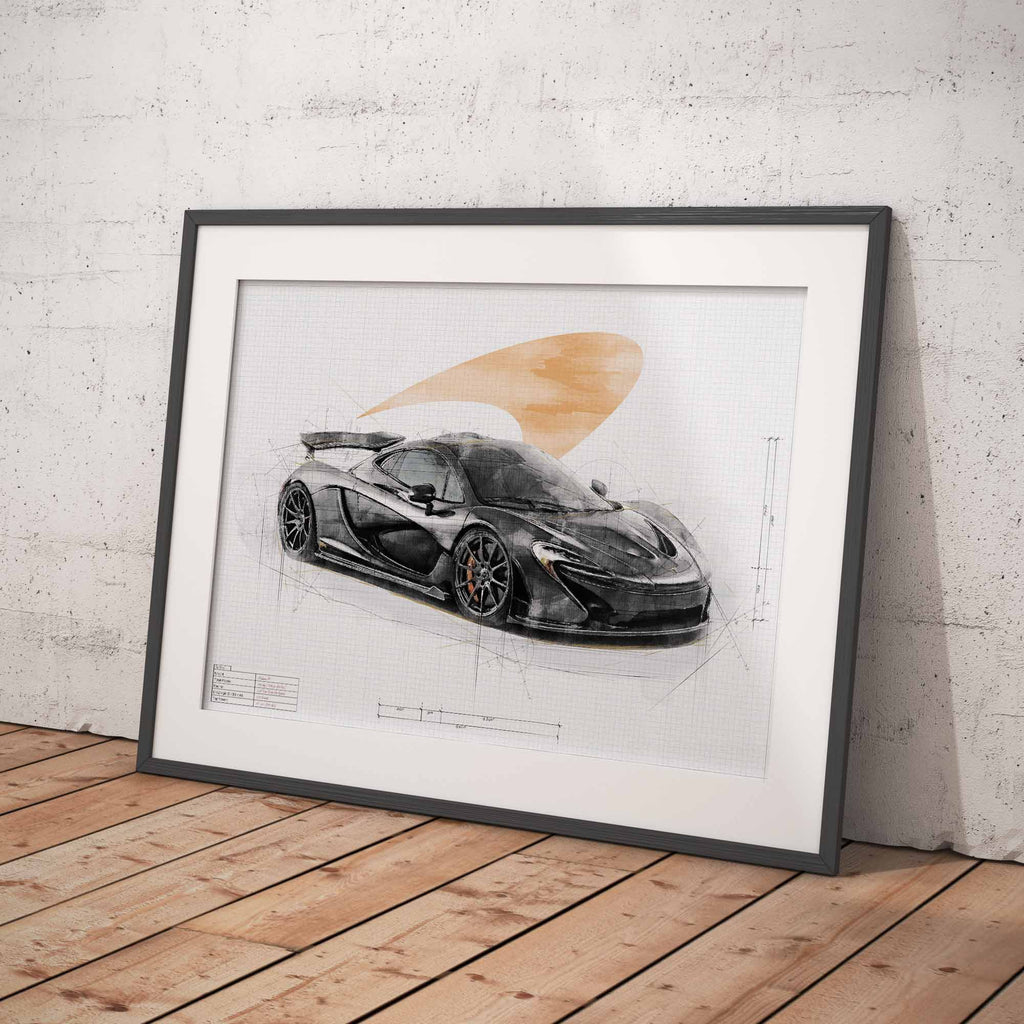 Framed Print of a McLaren P1 car design blueprint illustration on a white wall.