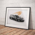 Framed Print of a McLaren P1 car design blueprint illustration on a white wall.