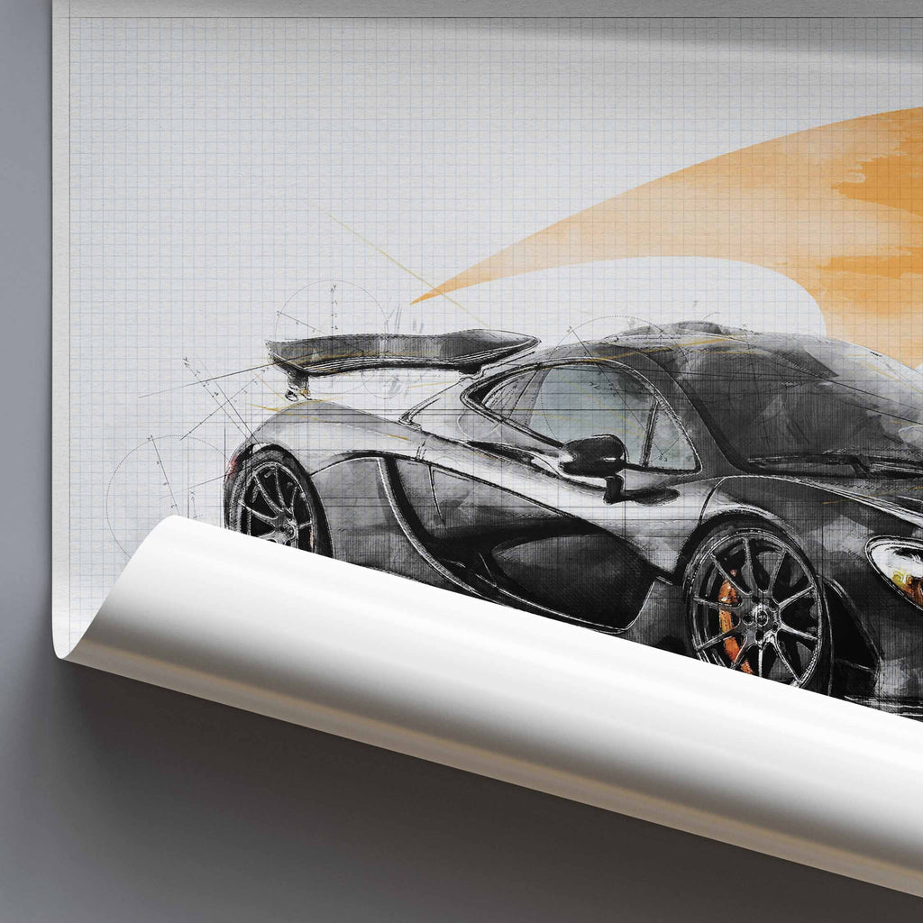 Rolled poster of a McLaren P1 car design blueprint illustration on a grey background.