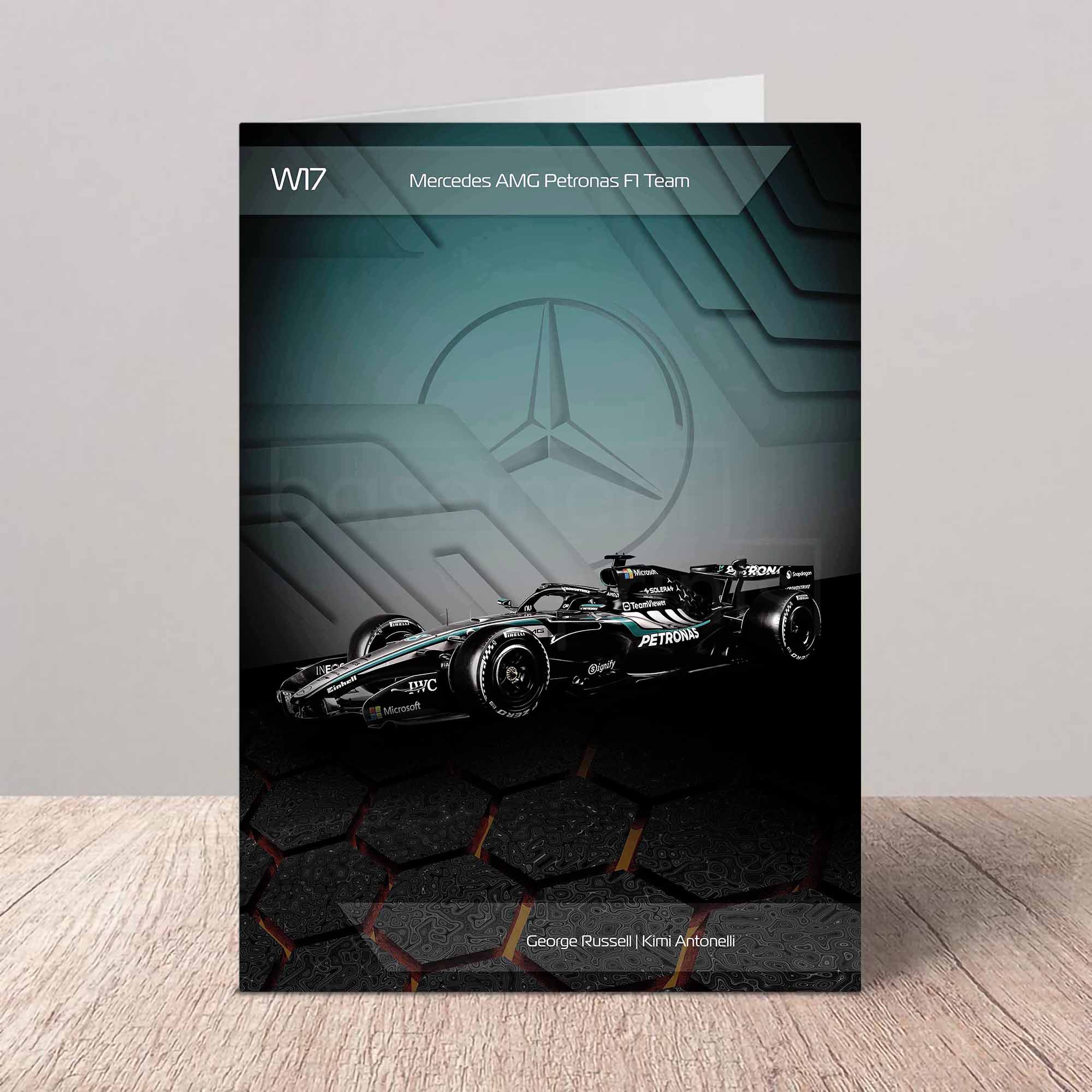 Greeting card of the Mercedes W17 2026 Formula 1 car on a grey background