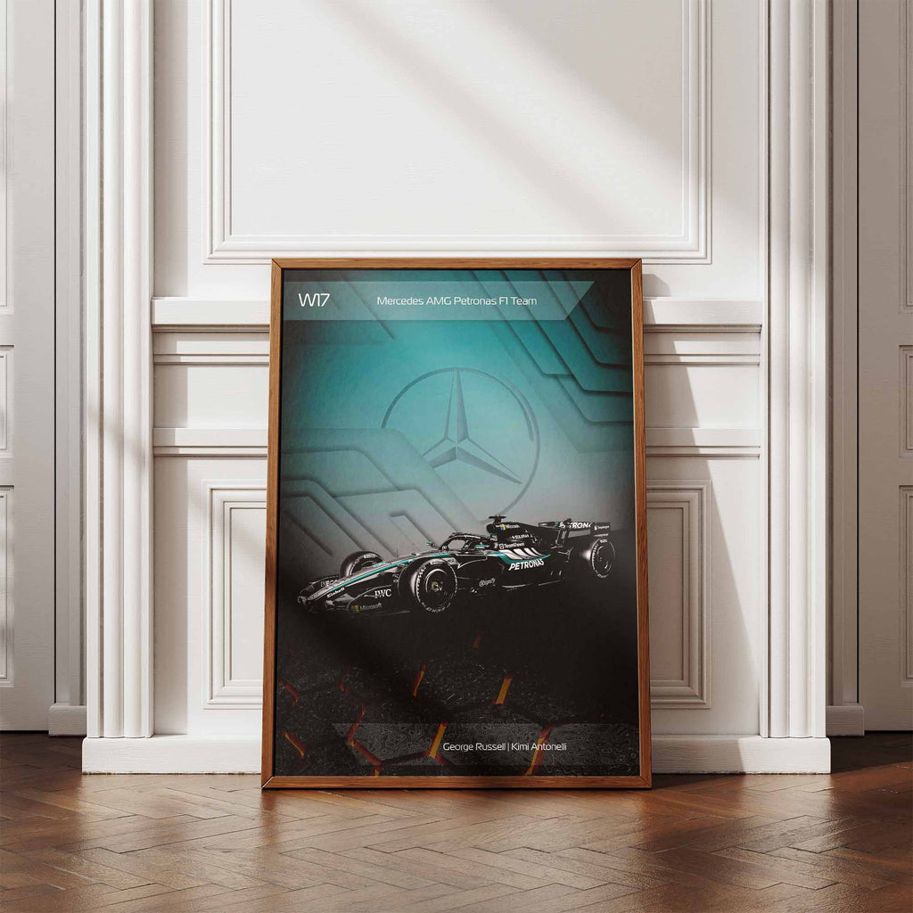 Framed poster of the Mercedes W17 2026 Formula 1 car leaning against a wall
