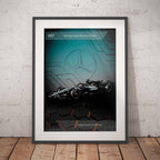 Framed poster of the Mercedes W17 2026 Formula 1 car on a brick wall background