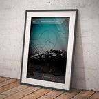 Framed poster of the Mercedes W17 2026 Formula 1 car on a white brick wall background
