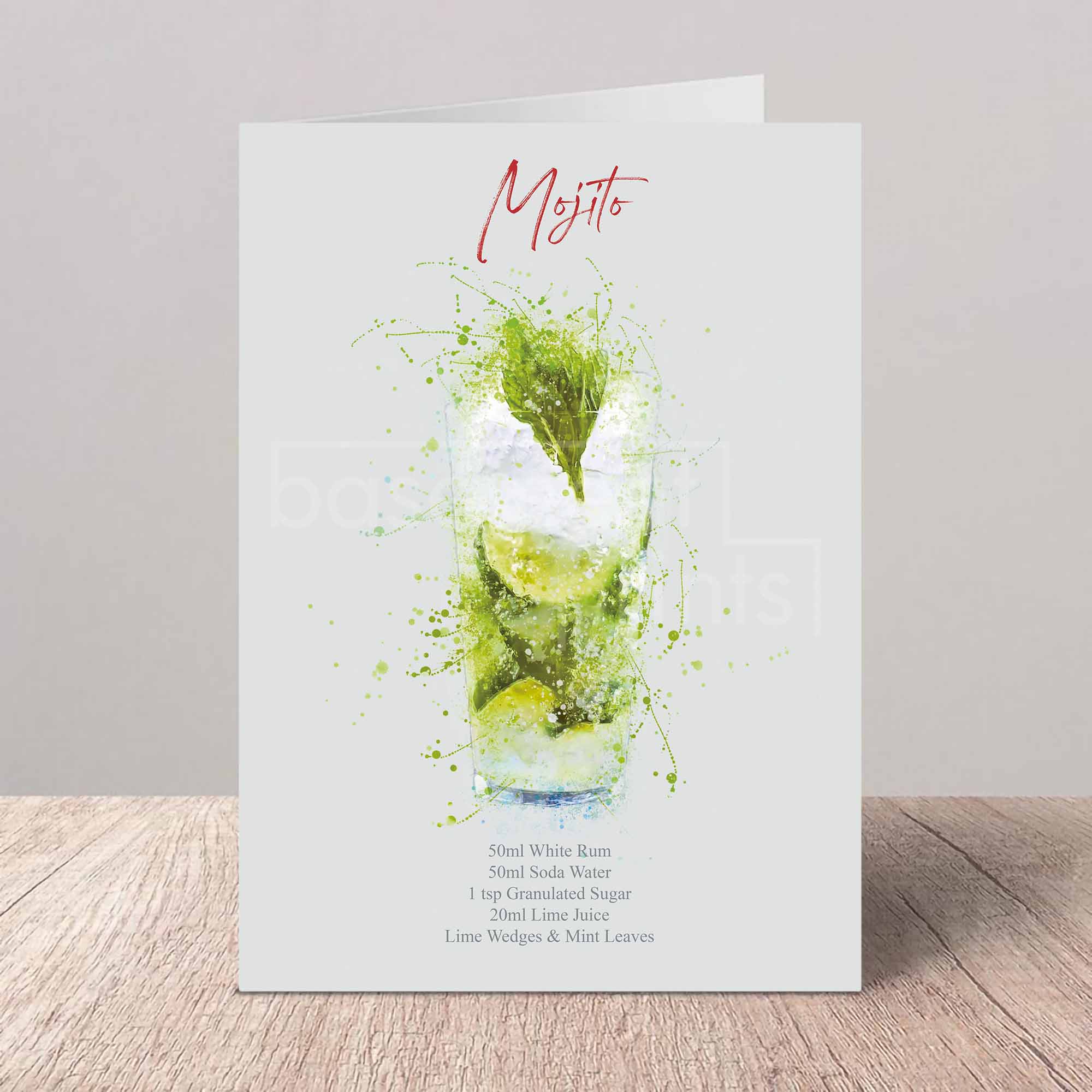 Greeting card with a Mojito illustration and recipe on a white background