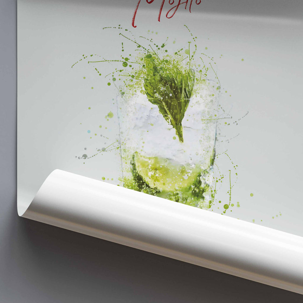 Framed artwork of a cocktail with lime and mint leaves on a white background