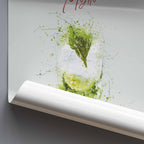 Framed artwork of a cocktail with lime and mint leaves on a white background