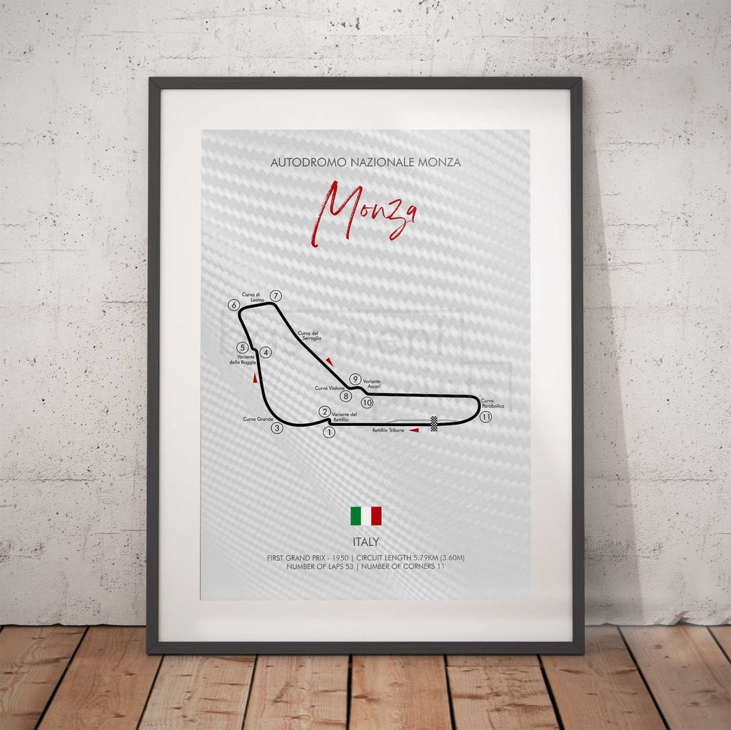 Framed poster of the Monza race track design on a white brick wall.