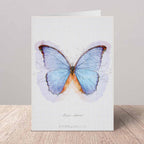 Greeting card with a blue butterfly illustration on a white background
