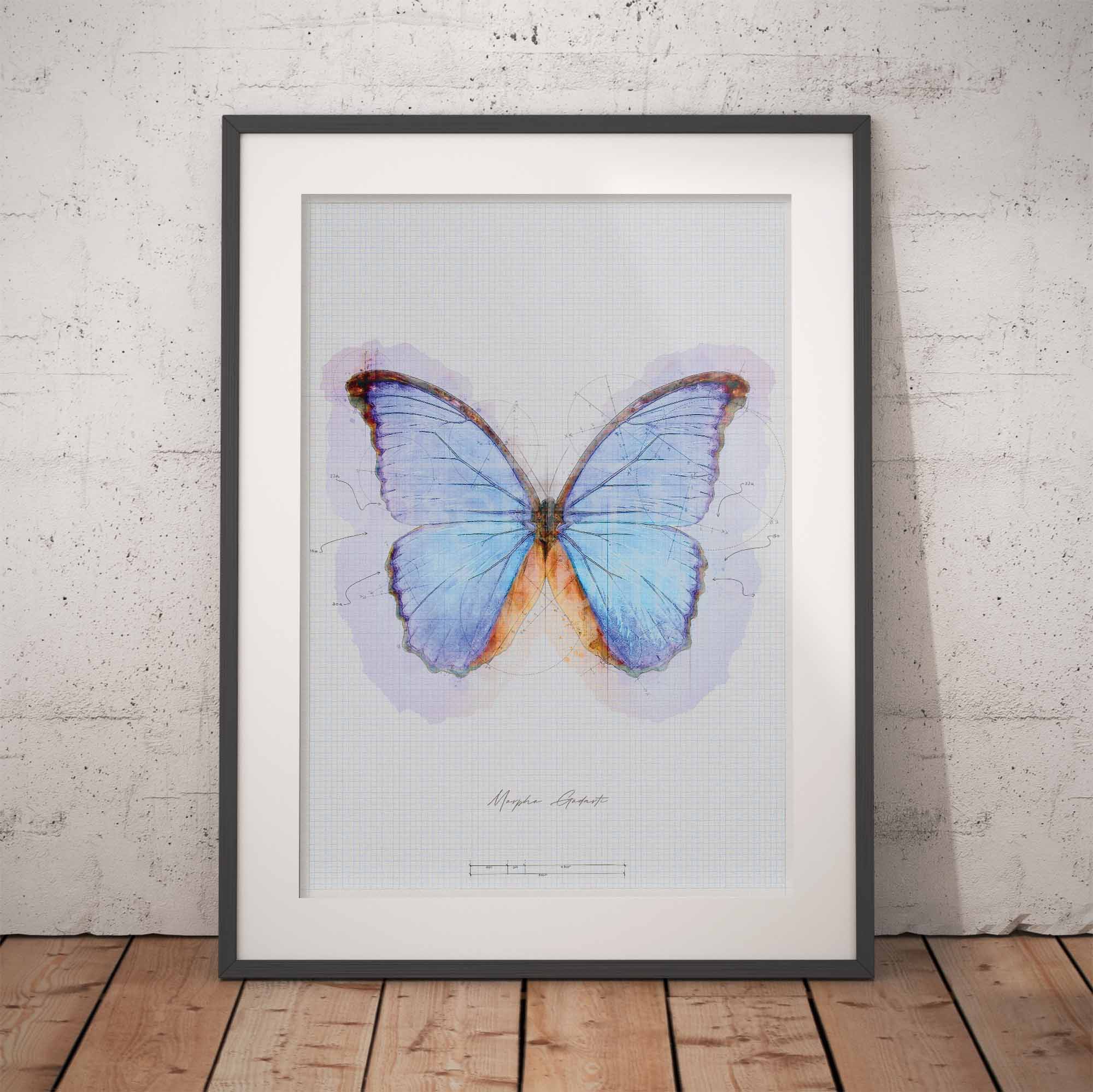 Framed artwork of a blue butterfly on a light background, leaning against a textured white wall.
