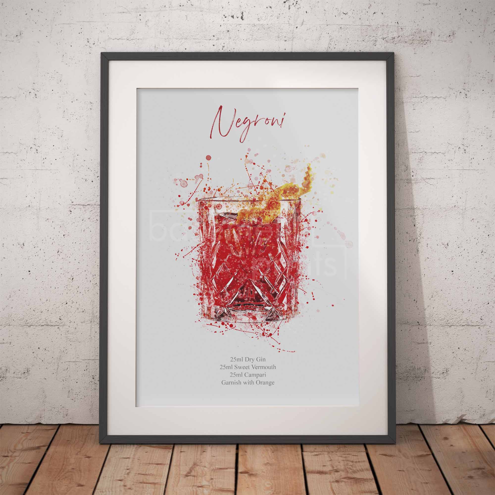 Framed print of a  Negroni cocktail illustration on a brick wall background