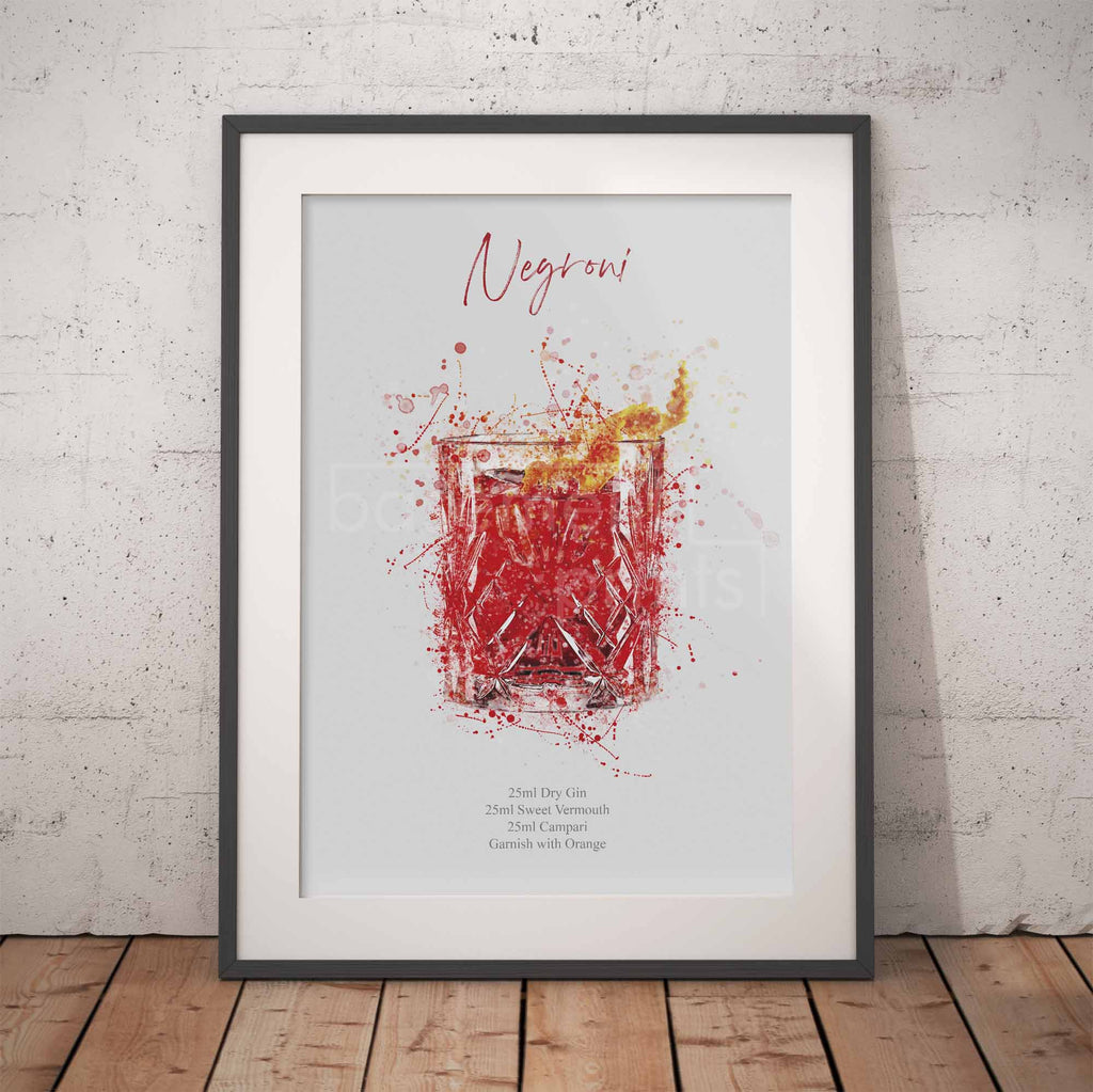 Framed print of a  Negroni cocktail illustration on a brick wall background