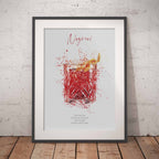 Framed print of a  Negroni cocktail illustration on a brick wall background