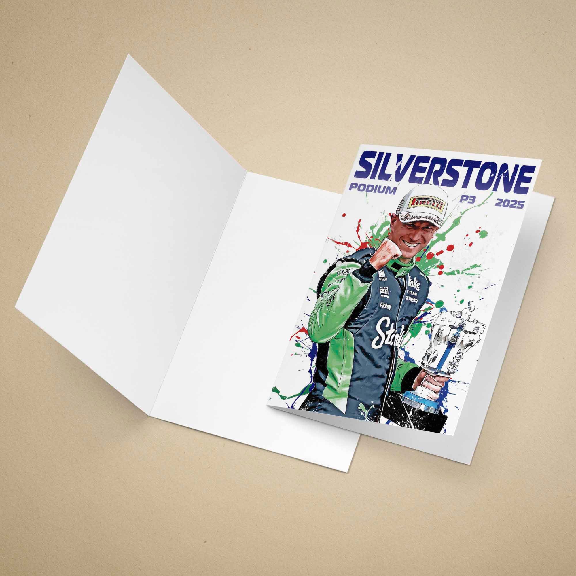 Greeting card with Nico Hulkenberg illustration and 'Silverstone' text on a beige background