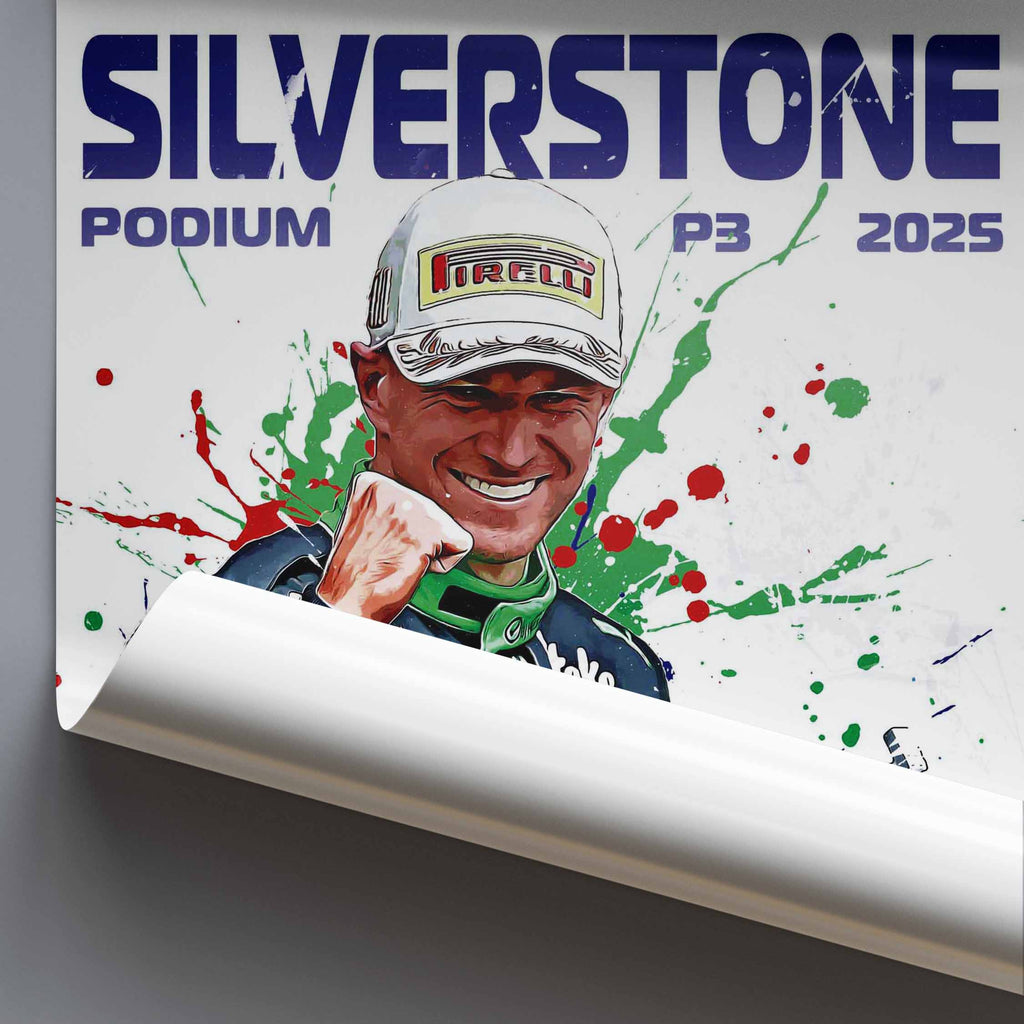 Rolled poster for Silverstone Podium P3 2025 with Nico Hulkenberg  illustration.