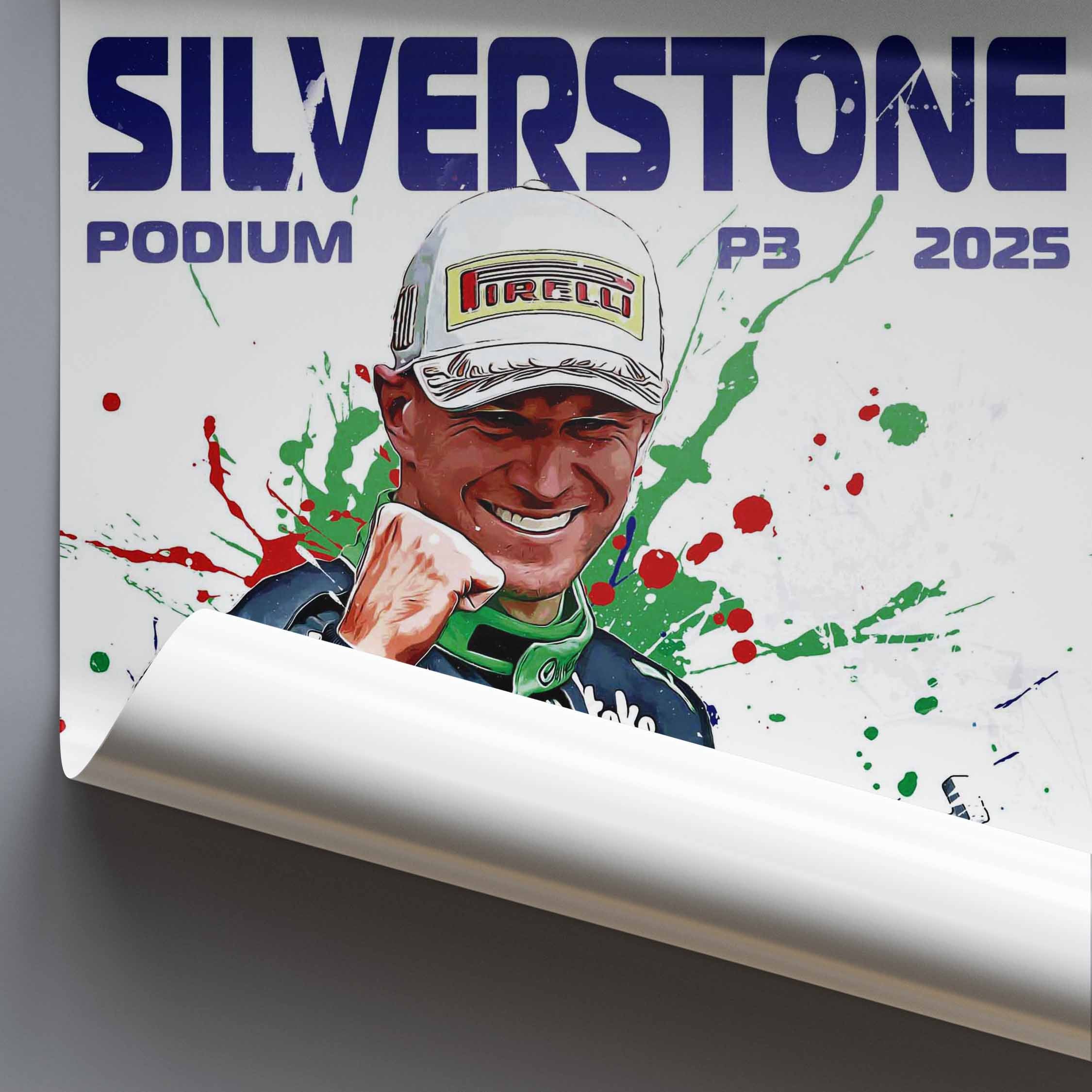 Rolled poster for Silverstone Podium P3 2025 with Nico Hulkenberg  illustration.