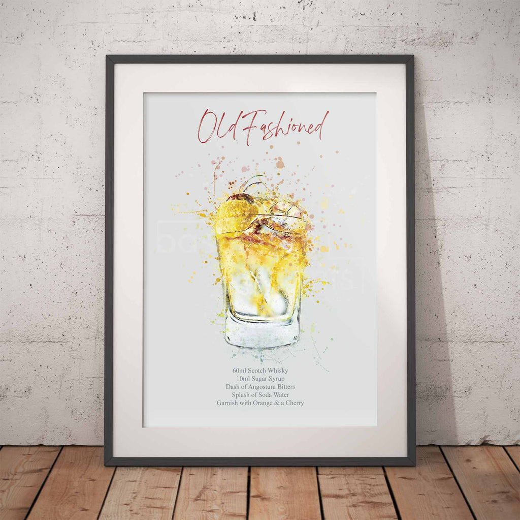 Framed artwork of an old fashioned cocktail with ingredients listed on a white background.