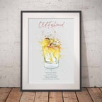 Framed artwork of an old fashioned cocktail with ingredients listed on a white background.