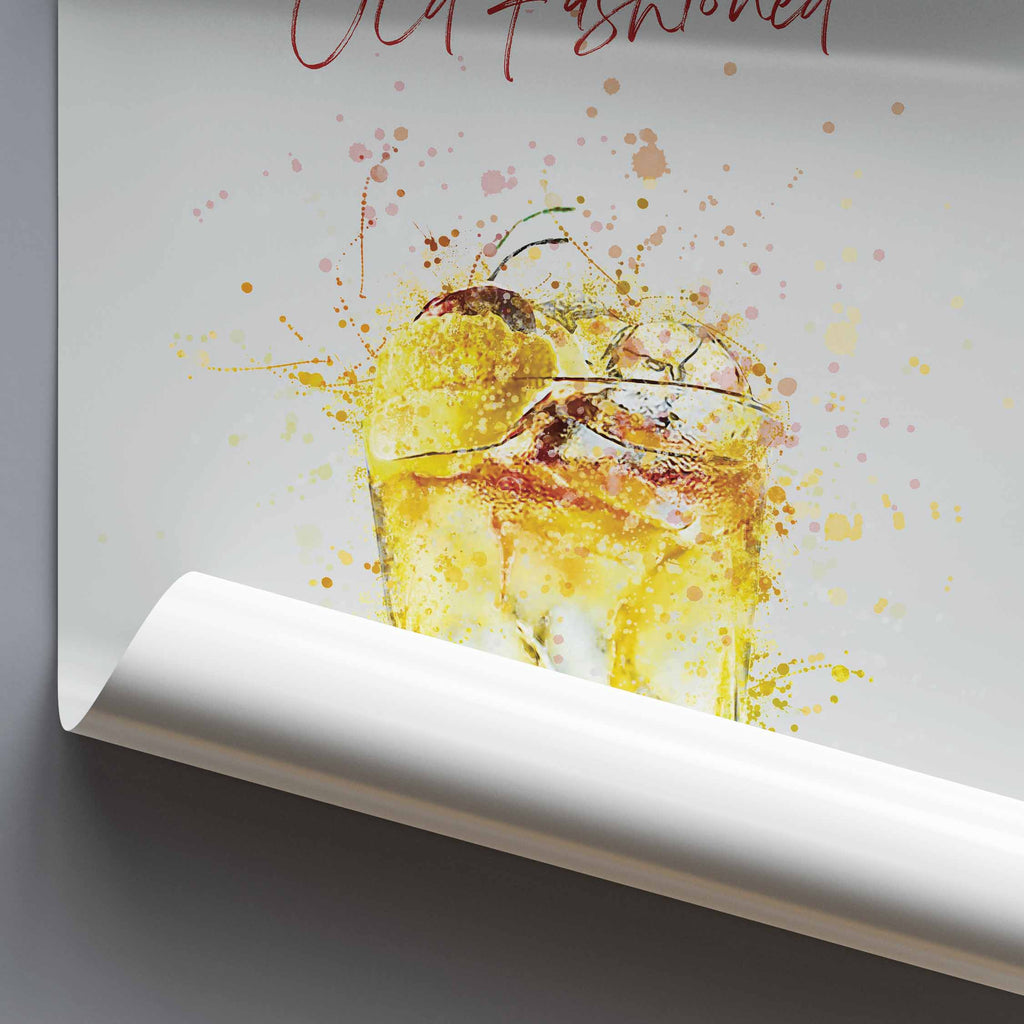 Decorative paper with a watercolor illustration of a cocktail and text 'Old Fashioned' on a gray background.