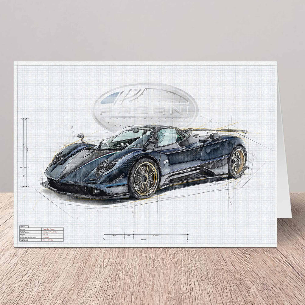 Greeting card of a Pagani Zonda sports car illustration on a white background