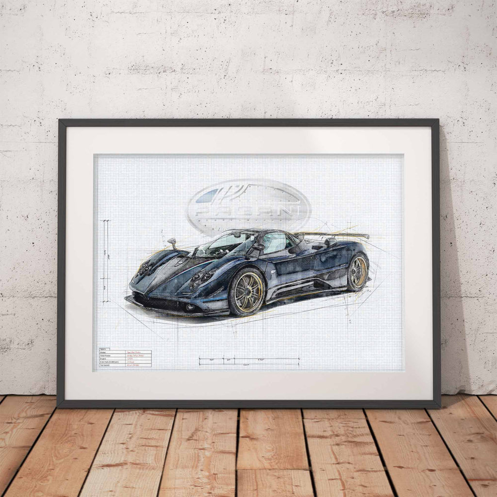 Framed artwork of a Pagani Zonda sports car on a white wall with wooden floor