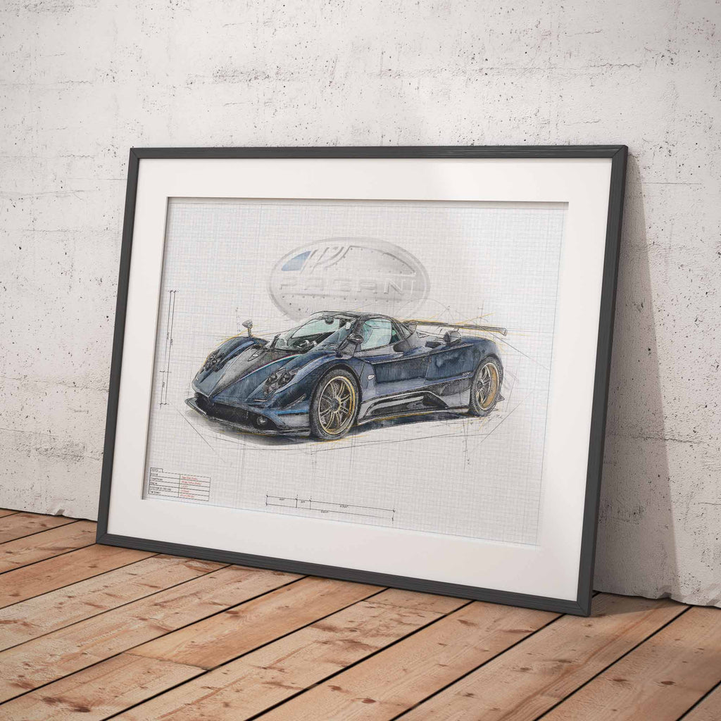 Framed drawing of a Pagani Zonda sports car on a wooden floor with a white brick wall background