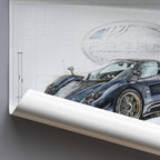 Car design blueprint with a Pagani Zonda sports car illustration on a grid background