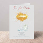 Card with a Pornstar Martini  recipe on a wooden surface and light gray background