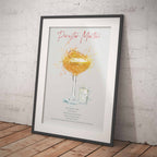 Framed cocktail recipe print for a Pornstar Martini on a wooden floor with white brick wall background.