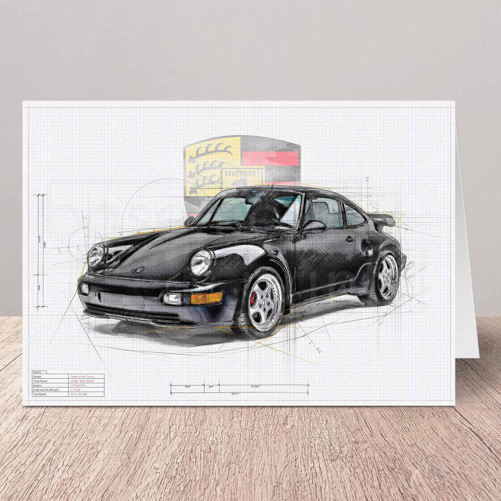 Car design greeting card blueprint with a Porsche 911 964 on a white background
