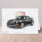Car design greeting card blueprint with a Porsche 911 964 on a white background