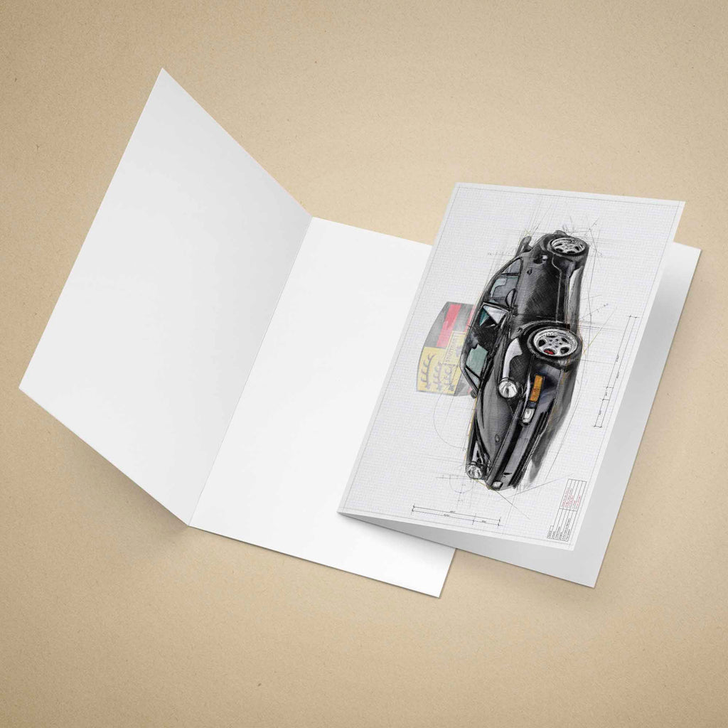 Open greeting card with a Porsche 911 964 car illustration on a beige background