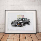 Framed artwork of a black Porsche 911 964 sports car on a white background, leaning against a textured wall.