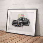 Framed artwork of a black Porsche 911 964 sports car on a white brick wall background